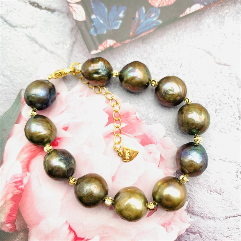 10 Years of Natural Freshwater Cultured Peacock Green Pearl Bracelet (Baroque)