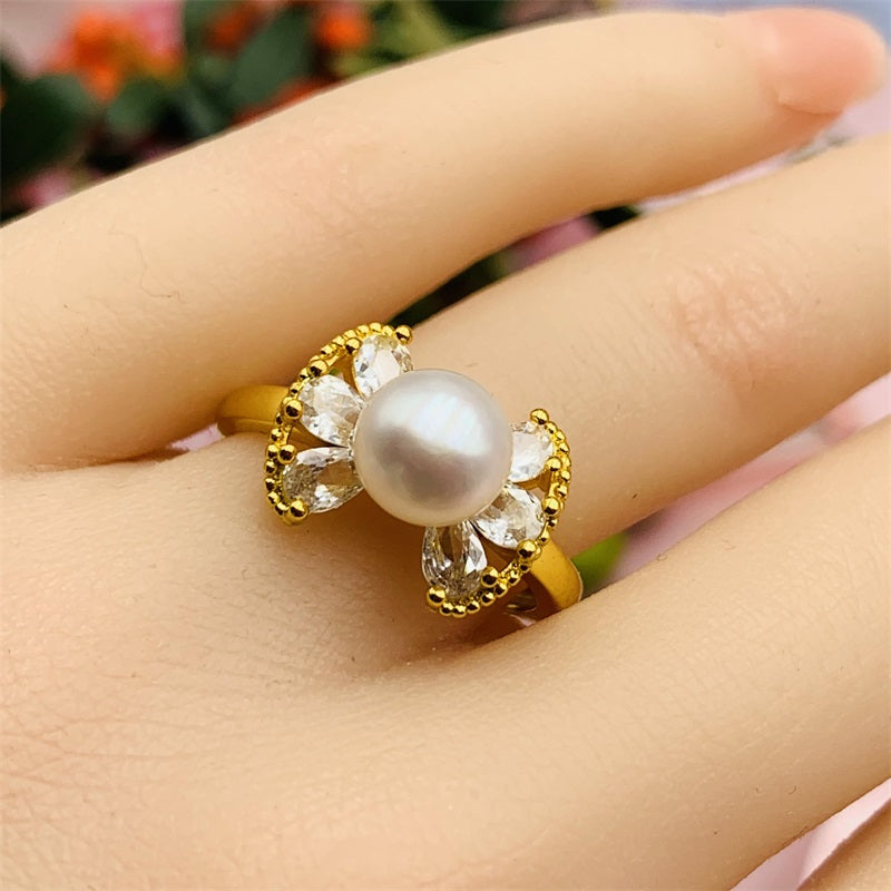 Silver 925 & 6 Years of Natural Freshwater Cultured Pearl Ring for woman Angel's Wings Style