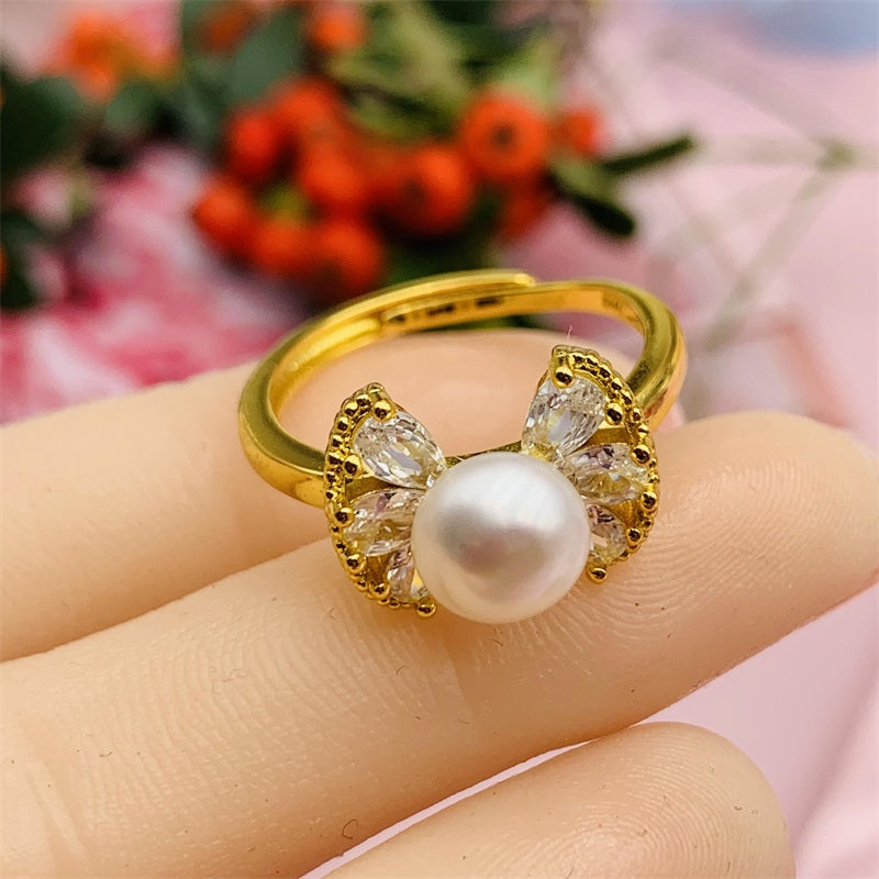 Silver 925 & 6 Years of Natural Freshwater Cultured Pearl Ring for woman Angel's Wings Style