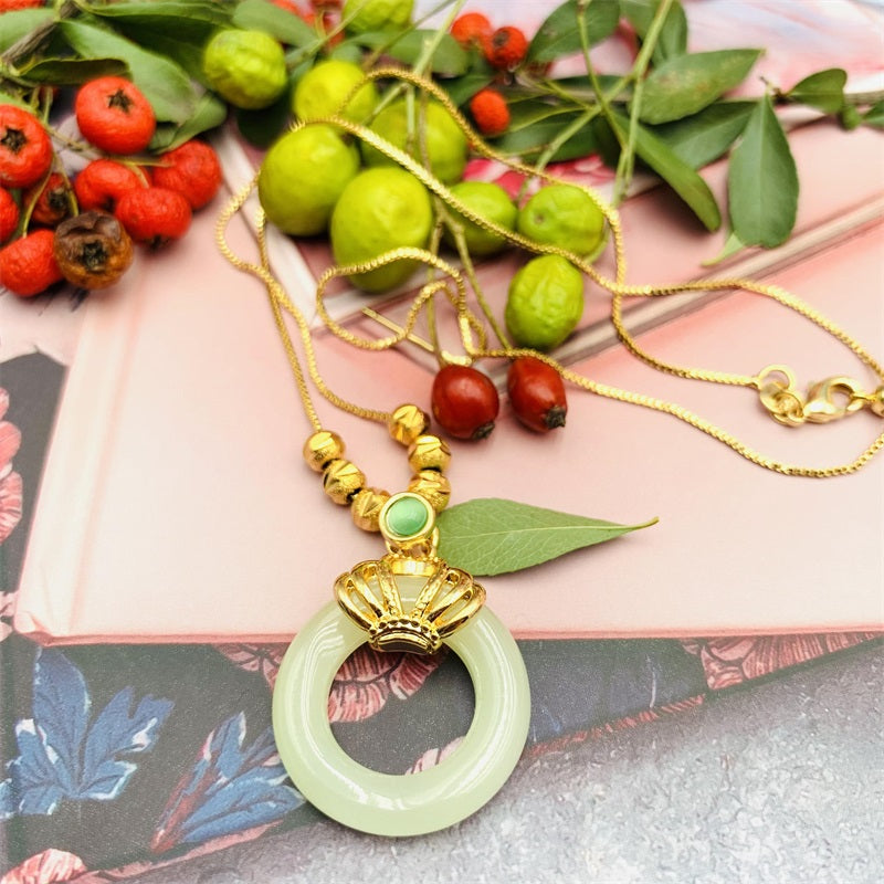 Silver 925 Plated Golden Natural HeTian Jade Doughnut Necklace Ins Style