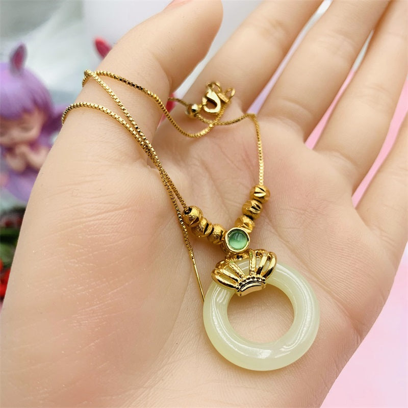 Silver 925 Plated Golden Natural HeTian Jade Doughnut Necklace Ins Style