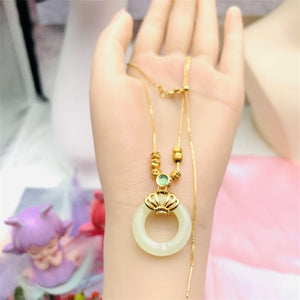 Silver 925 Plated Golden Natural HeTian Jade Doughnut Necklace Ins Style