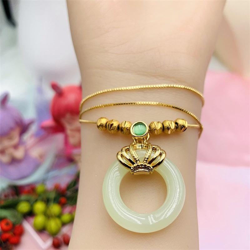 Silver 925 Plated Golden Natural HeTian Jade Doughnut Necklace Ins Style