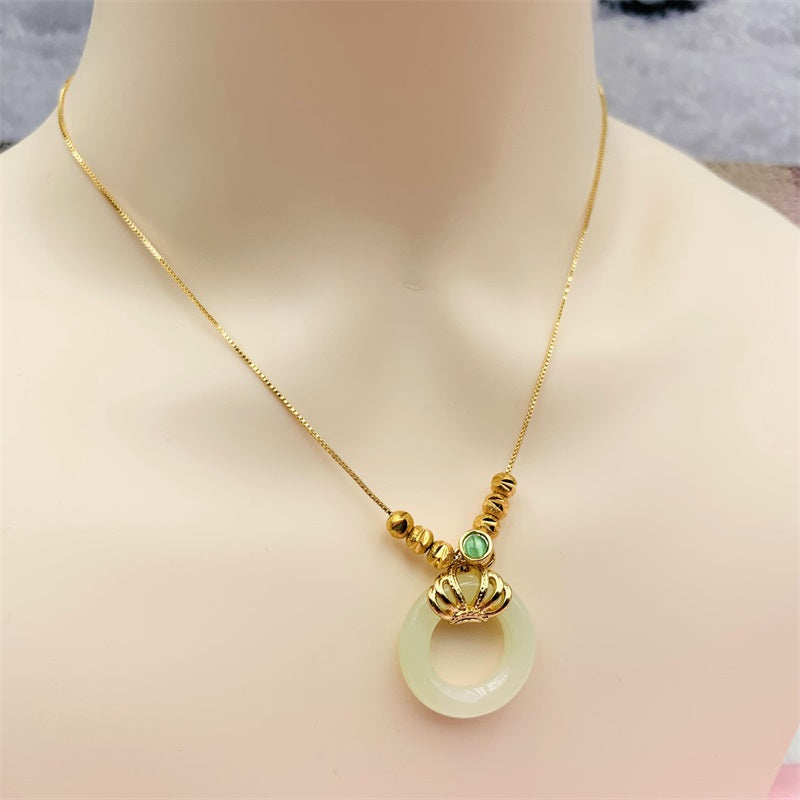 Silver 925 Plated Golden Natural HeTian Jade Doughnut Necklace Ins Style