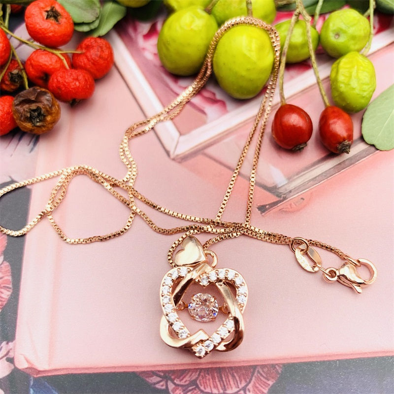 Beating Heart Silver 925 Women's Clavicle Moissanite Diamond Necklace with Rose Golden Double Heart by Light Luxury Style