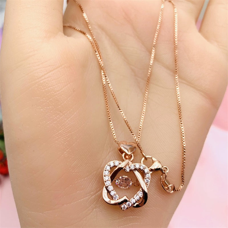 Beating Heart Silver 925 Women's Clavicle Moissanite Diamond Necklace with Rose Golden Double Heart by Light Luxury Style