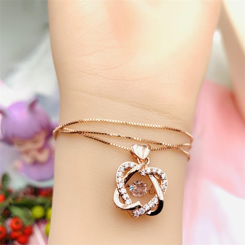 Beating Heart Silver 925 Women's Clavicle Moissanite Diamond Necklace with Rose Golden Double Heart by Light Luxury Style