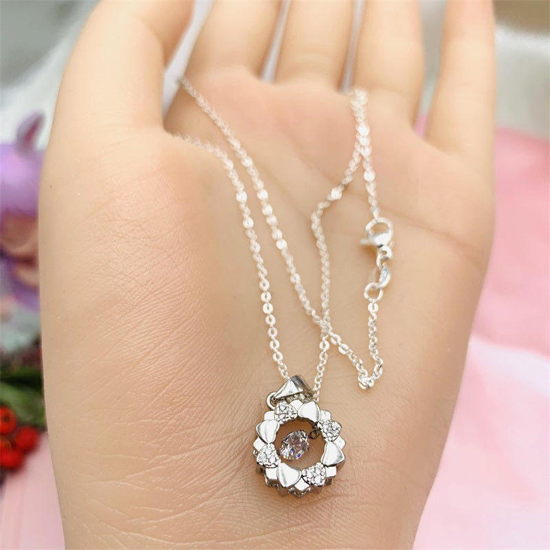 Beating Heart Silver 925 Women's Clavicle Moissanite Diamond Necklace with Silver Color Sun Flower by Light Luxury Style