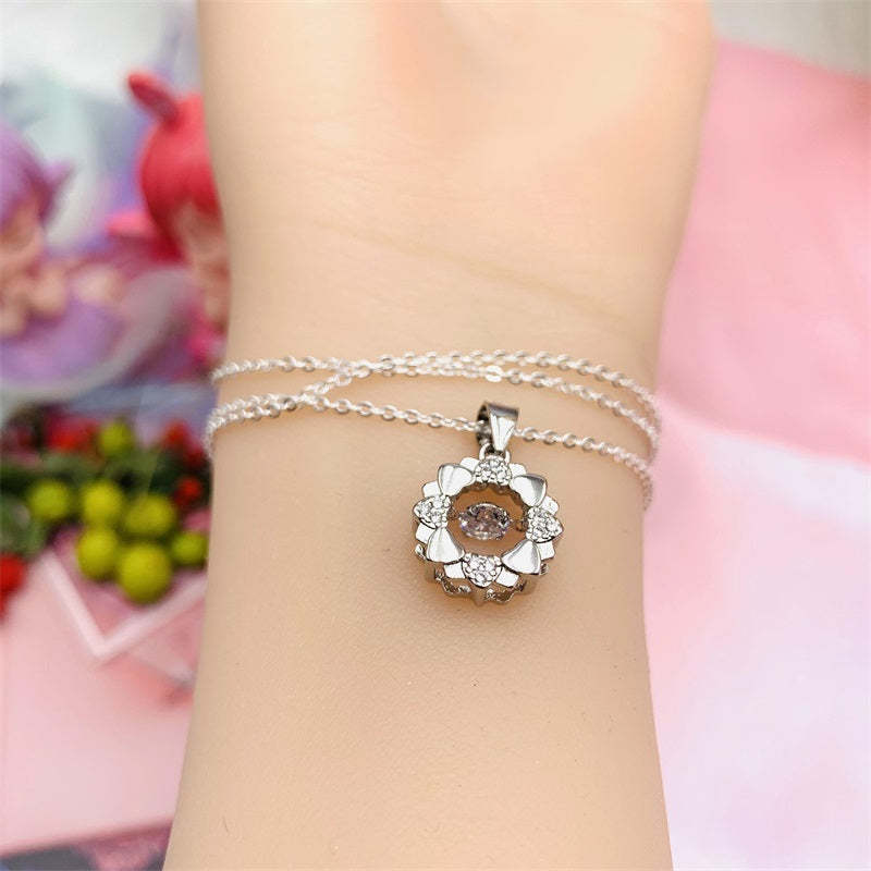 Beating Heart Silver 925 Women's Clavicle Moissanite Diamond Necklace with Silver Color Sun Flower by Light Luxury Style