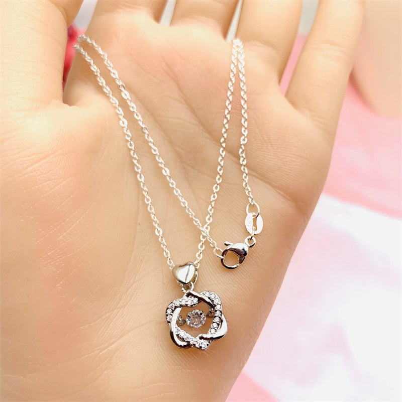 Beating Heart Silver 925 Women's Clavicle Moissanite Diamond Necklace with Silver Color Double Heart by Light Luxury Style