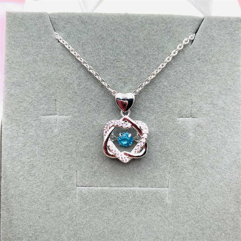 Beating Heart Silver 925 Women's Clavicle Moissanite Diamond Necklace with Silver Color Double Heart Blue Center by Light Luxury Style