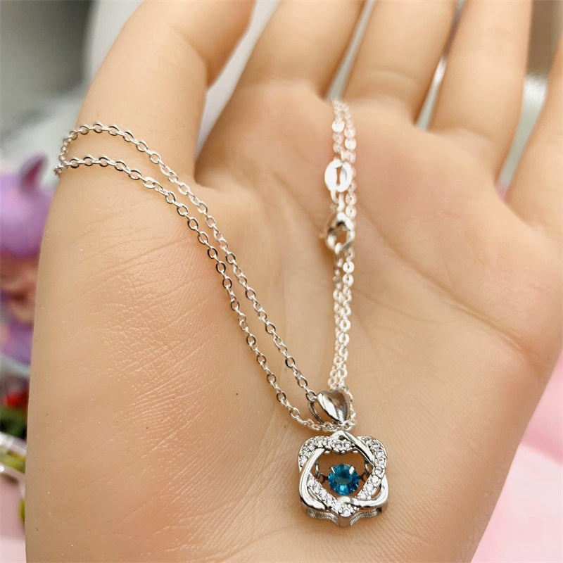 Beating Heart Silver 925 Women's Clavicle Moissanite Diamond Necklace with Silver Color Double Heart Blue Center by Light Luxury Style