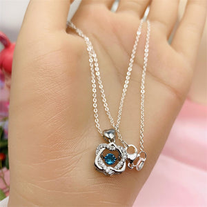 Beating Heart Silver 925 Women's Clavicle Moissanite Diamond Necklace with Silver Color Double Heart Blue Center by Light Luxury Style