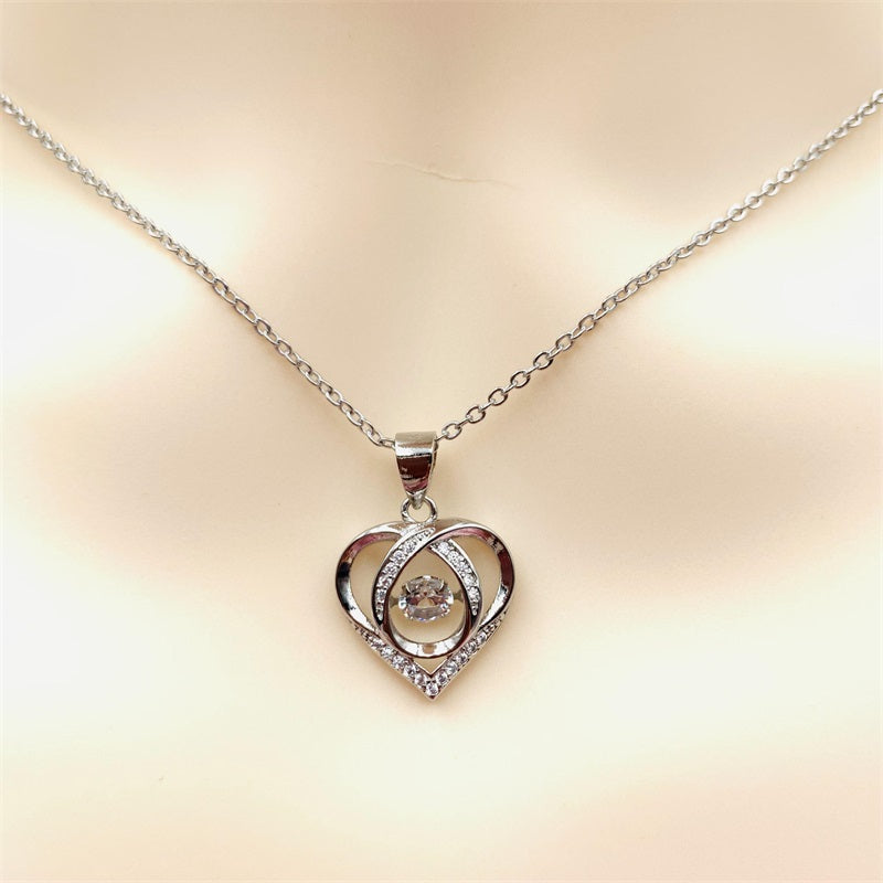 Beating Heart Silver 925 Women's Clavicle Moissanite Diamond Necklace with Silver Heart by Light Luxury Style